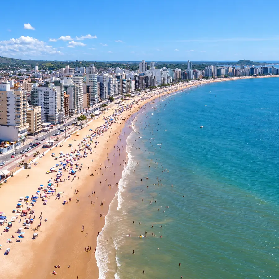 Vista aérea da Praia do Morro, em Guarapari, com a orla de prédios e o mar azul
