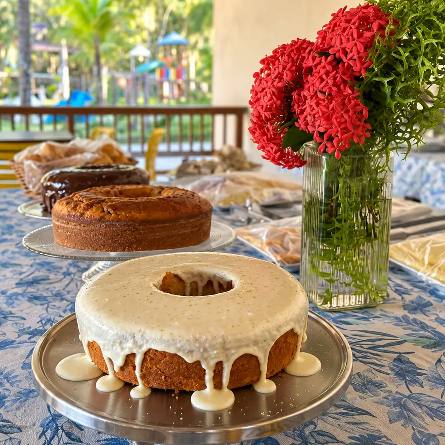 Mesa do café da manhã do Acquamarine Park Hotel com bolos, pães e flores