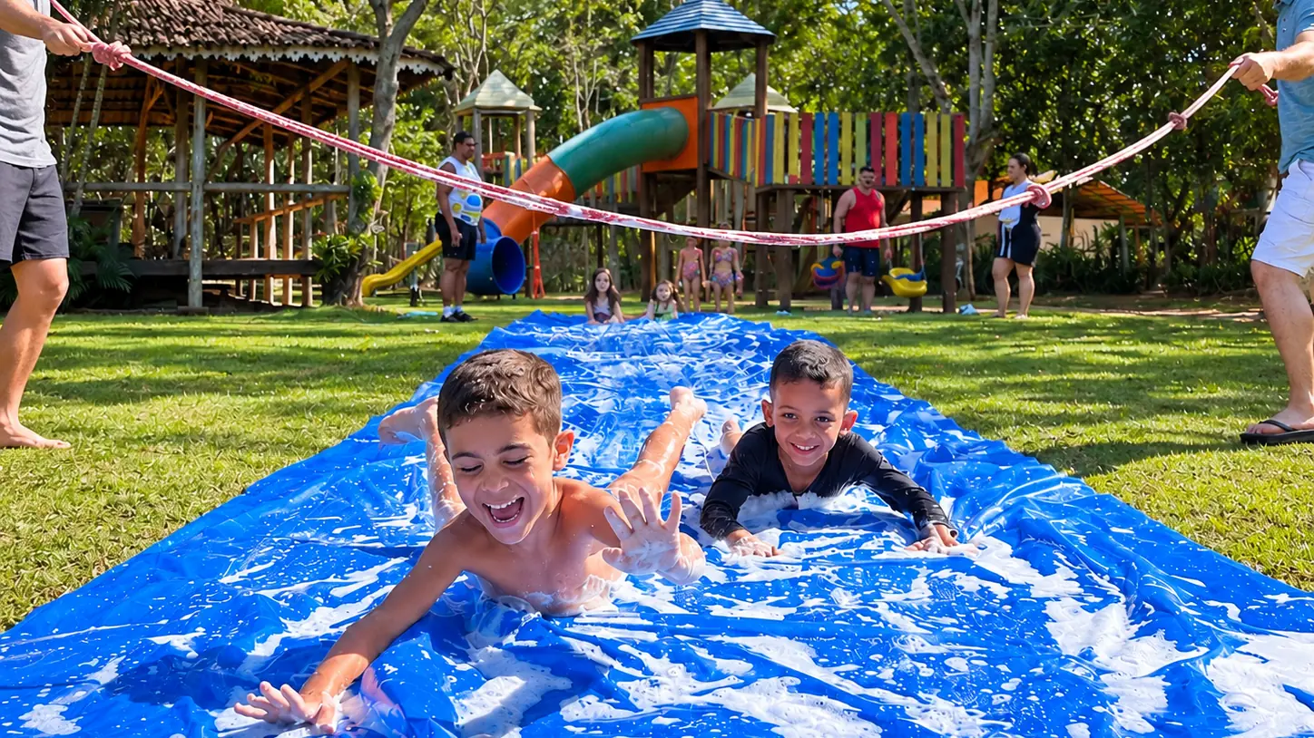 Crianças escorregando no tobo-lona com os recreadores do Acquamarine Park Hotel