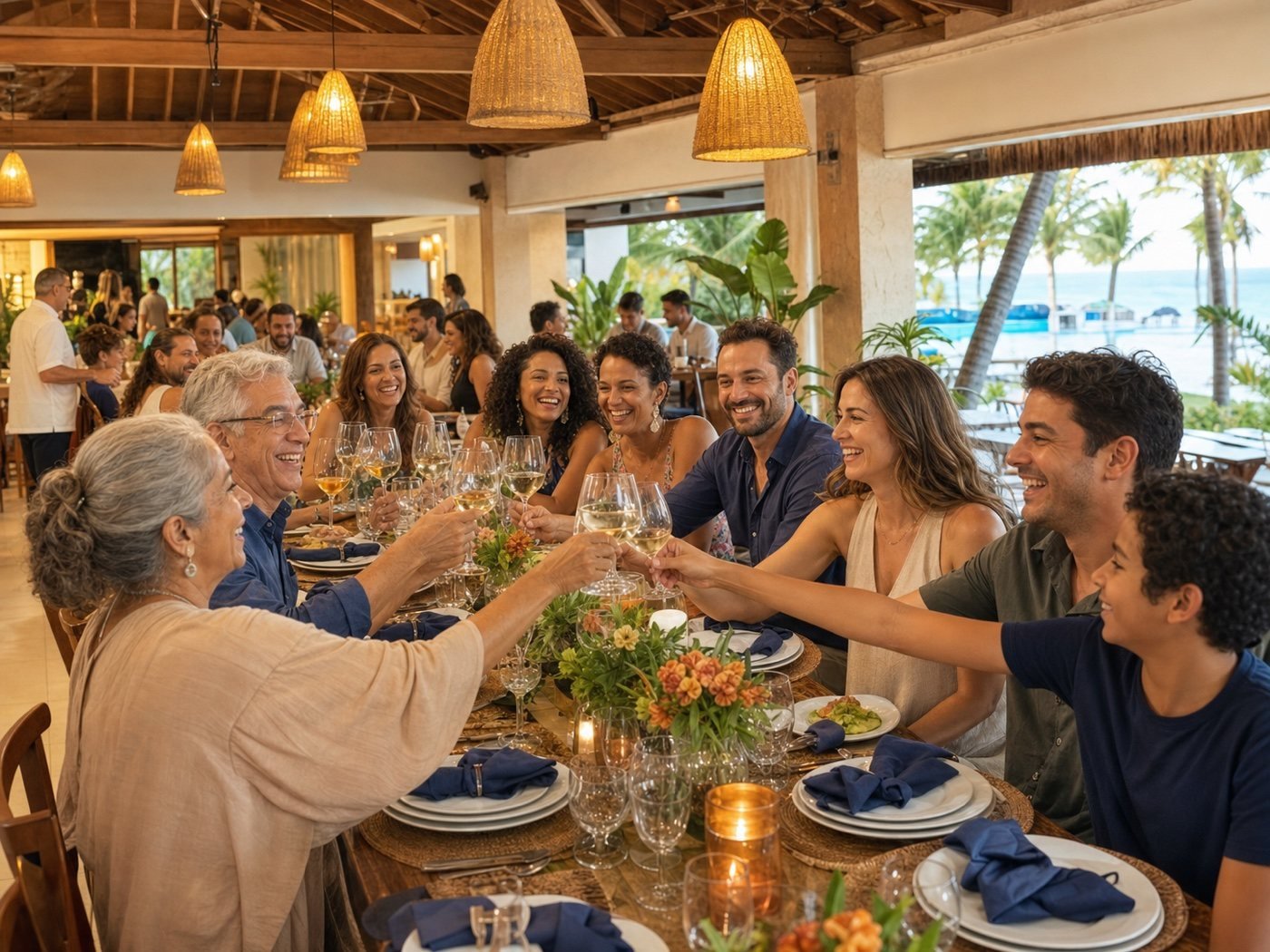 Grupo de hóspedes celebrando em salão tropical do Acquamarine Park Hotel