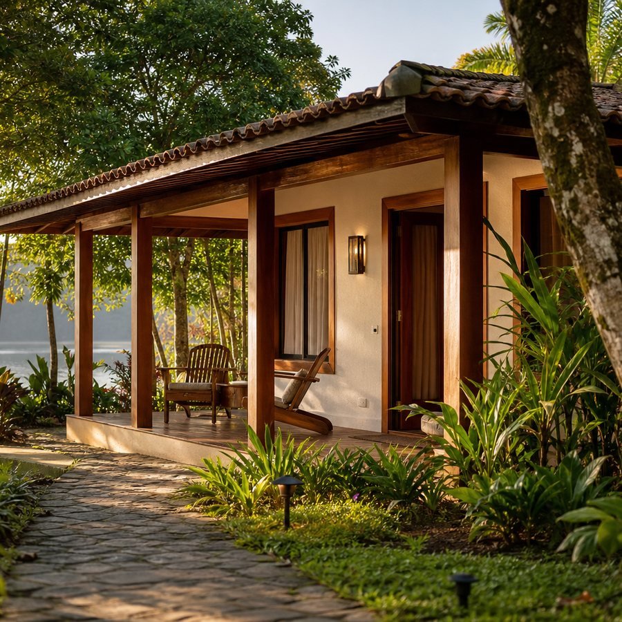 Fachada dos quartos com jardim