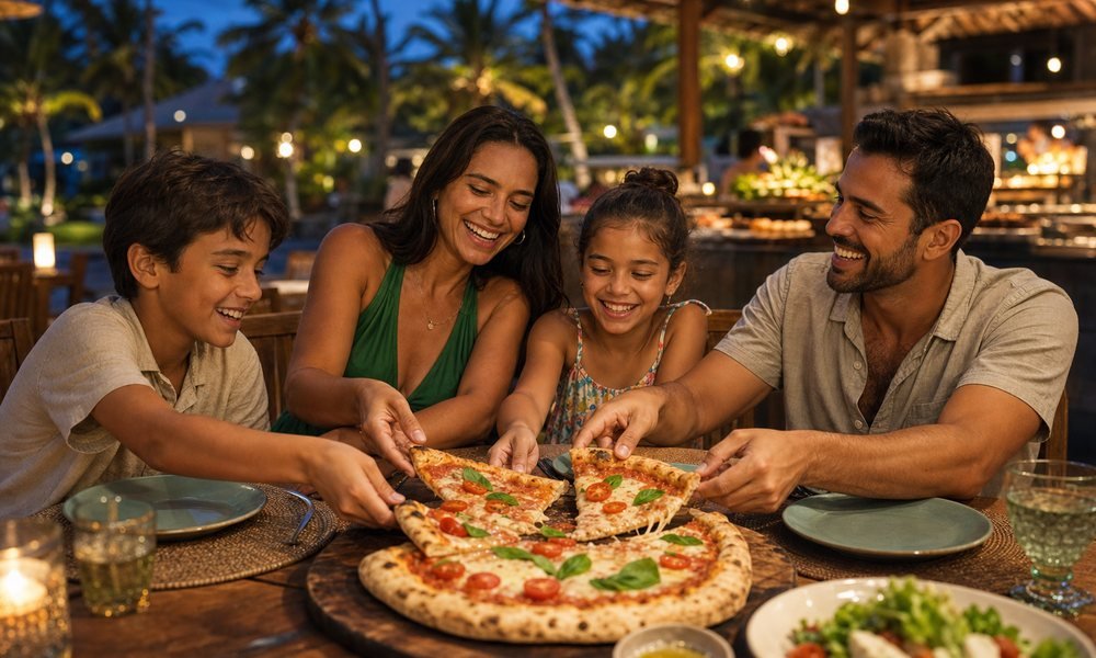 Família na noite da pizza do hotel
