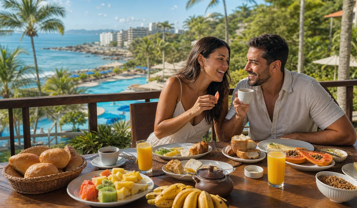 Casal tomando café da manhã regional com vista para Guarapari