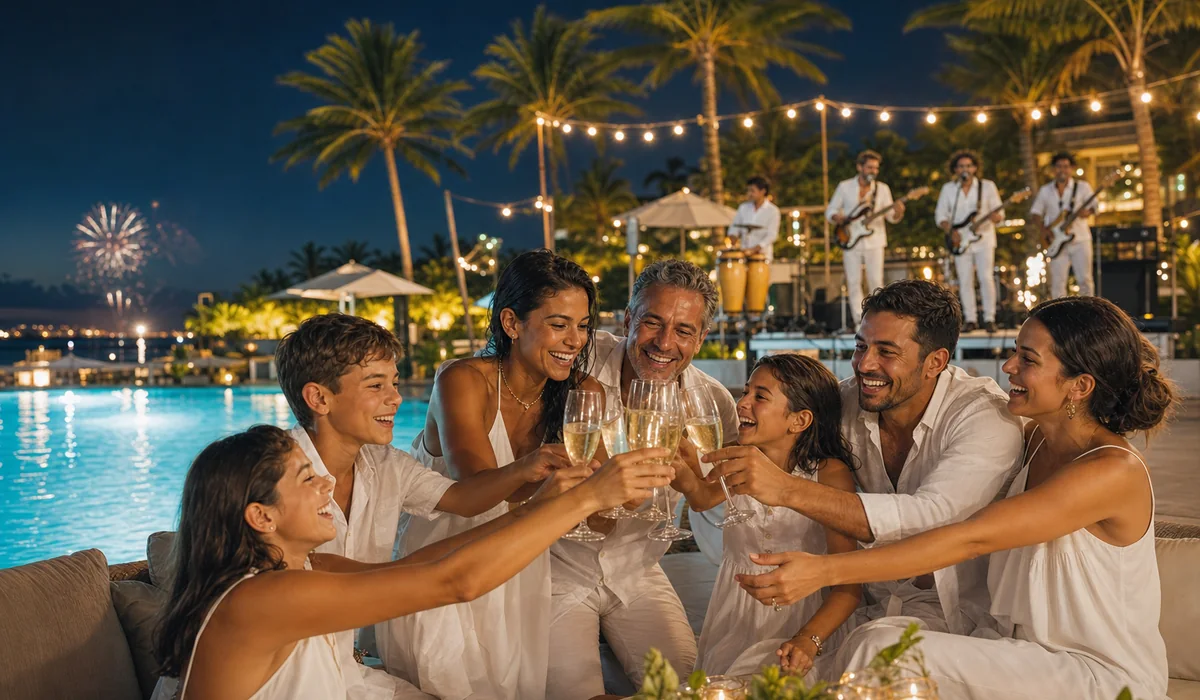 Famílias brindando o Ano Novo em festa à beira da piscina