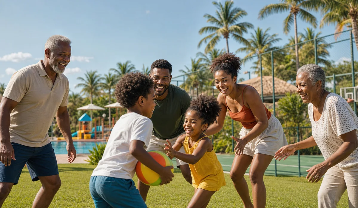 Família negra multigeracional participando de recreação no gramado