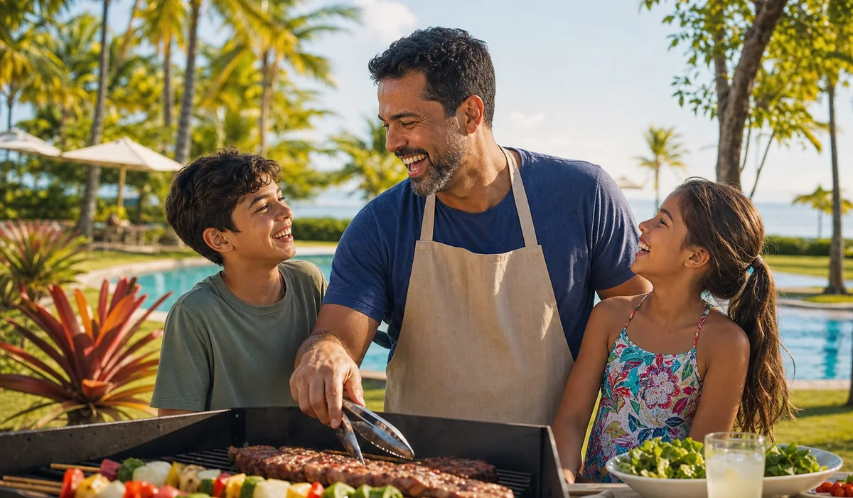 Pai preparando um churrasco com os filhos no Acquamarine Park Hotel