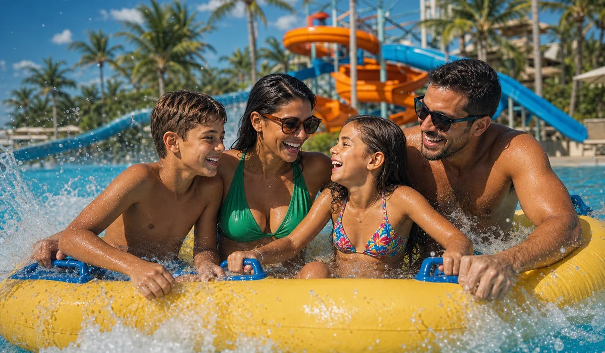Família se divertindo em uma boia no parque aquático durante o feriado