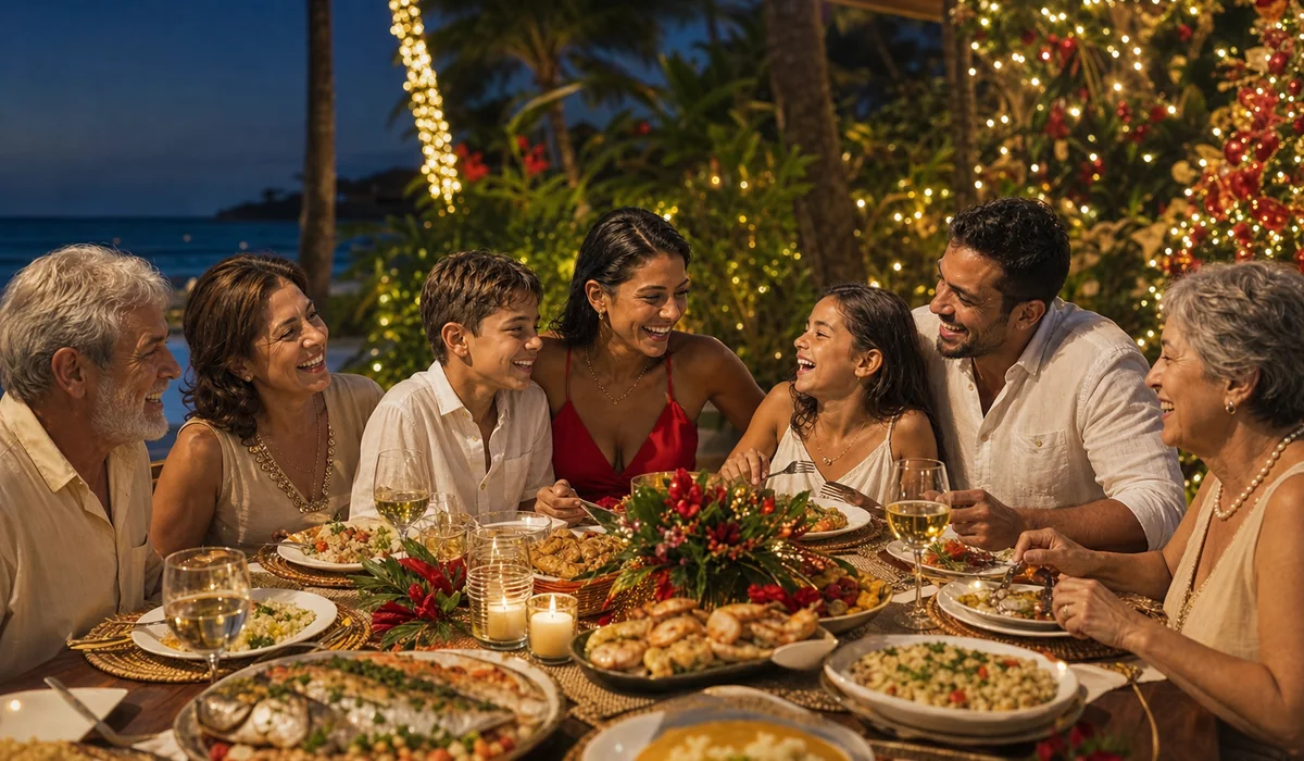Família reunida para a ceia de Natal no resort