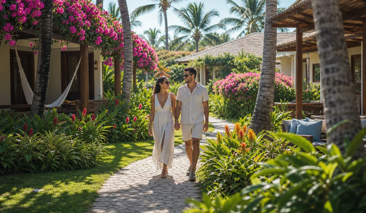 Casal caminhando entre jardins floridos e chalés do hotel